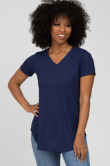 Navy Ribbed V-Neck Short Sleeve Top