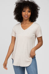 Beige Ribbed V-Neck Short Sleeve Top