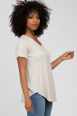 Beige Ribbed V-Neck Short Sleeve Top