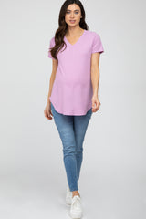 Lavender Ribbed V-Neck Short Sleeve Maternity Top