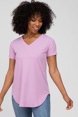 Lavender Ribbed V-Neck Short Sleeve Maternity Top