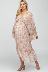 Cream Floral Ruffle Accent Chiffon Maternity Midi Dress