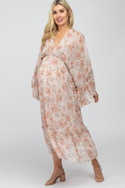 Cream Floral Ruffle Accent Chiffon Maternity Midi Dress