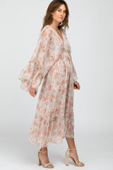 Cream Floral Ruffle Accent Chiffon Midi Dress