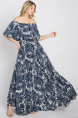 Navy Blue Palm Print Off Shoulder Pleated Maternity Maxi Dress