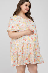 Beige Floral Tiered Maternity Plus Dress