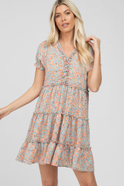 Peach Floral Ruffle Accent Tiered Dress