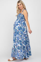 Blue Floral Smocked Square Neck Shoulder Tie Maternity Maxi Dress