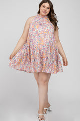 Pink Abstract Print Ruffle Neck Maternity Plus Dress