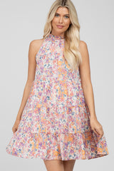 Pink Abstract Print Ruffle Neck Dress