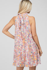 Pink Abstract Print Ruffle Neck Dress