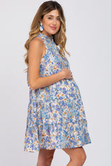 Blue Abstract Print Ruffle Neck Maternity Dress