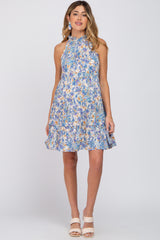 Blue Abstract Print Ruffle Neck Maternity Dress