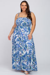 Blue Floral Smocked Square Neck Maternity Plus Maxi Dress