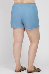 Blue Chambray Frayed Hem Drawstring Maternity Plus Shorts