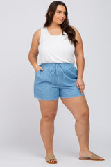 Blue Chambray Frayed Hem Drawstring Plus Shorts