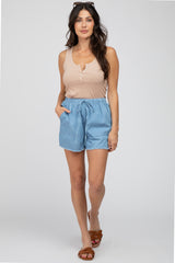 Blue Chambray Frayed Hem Drawstring Maternity Shorts