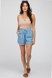 Blue Chambray Frayed Hem Drawstring Shorts