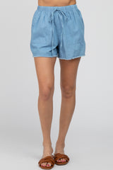 Blue Chambray Frayed Hem Drawstring Shorts