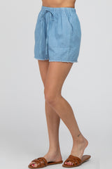 Blue Chambray Frayed Hem Drawstring Shorts