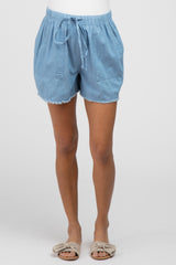 Blue Chambray Frayed Hem Drawstring Maternity Shorts