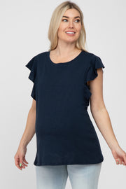 Navy Blue Ruffle Sleeve Maternity Top