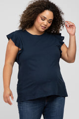 Navy Blue Ruffle Sleeve Maternity Plus Top