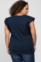 Navy Blue Ruffle Sleeve Maternity Plus Top