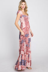 Multi-Color Floral Smocked Front Lace Up Back Maxi Dress