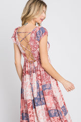 Multi-Color Floral Smocked Front Lace Up Back Maxi Dress