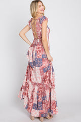 Multi-Color Floral Smocked Front Lace Up Back Maxi Dress