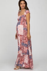 Multi-Color Floral Smocked Front Lace Up Back Maternity Maxi Dress