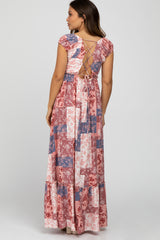 Multi-Color Floral Smocked Front Lace Up Back Maternity Maxi Dress