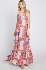 Multi-Color Floral Smocked Front Lace Up Back Maxi Dress