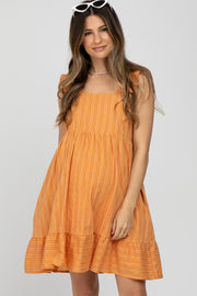 Orange Striped Square Neck Ruffle Strap Maternity Dress