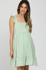 Mint Green Striped Square Neck Ruffle Strap Maternity Dress