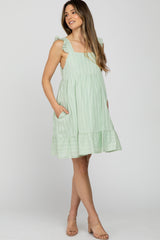 Mint Green Striped Square Neck Ruffle Strap Maternity Dress