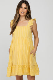 Yellow Striped Square Neck Ruffle Strap Maternity Dress