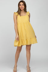 Yellow Striped Square Neck Ruffle Strap Maternity Dress