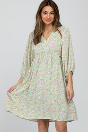 Light Olive Floral Ruffle Waist Dress