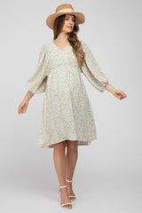 Light Olive Floral Ruffle Waist Maternity Dress