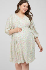 Light Olive Floral Ruffle Waist Maternity Plus Dress