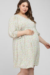 Light Olive Floral Ruffle Waist Maternity Plus Dress