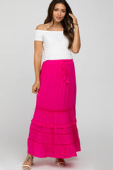 Fuchsia Crochet Inset Ruffle Trim Maternity Maxi Skirt