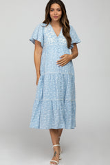 Light Blue Floral Embroidered Button Front Maternity Midi Dress