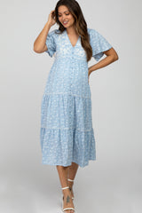 Light Blue Floral Embroidered Button Front Maternity Midi Dress