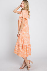 Orange Floral Embroidered Button Front Midi Dress