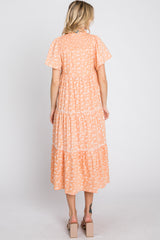 Orange Floral Embroidered Button Front Midi Dress