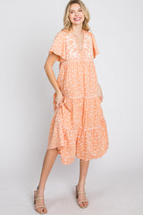 Orange Floral Embroidered Button Front Midi Dress