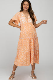 Orange Floral Embroidered Button Front Maternity Midi Dress